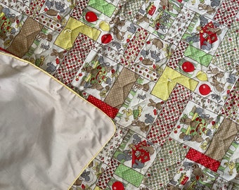 Vintage 90s Woodland Creature Bunny Squirrel Mouse Balloon Quilt Blanket