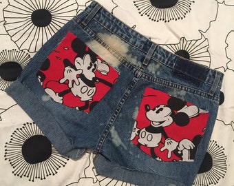 Vintage Mickey Mouse Destroyed Acid Wash Denim Jean Shorts