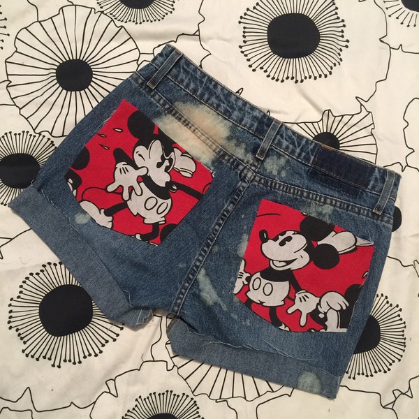 Vintage Mickey Mouse Destroyed Acid Wash Denim Jean Shorts