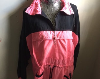 Vintage 90s Shell Shock Hot Neon Pink and Black Color Block Windbreaker Jacket