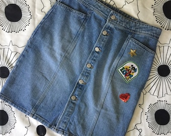 Vintage 90s Mickey And Minnie Patch Denim Jean Skirt