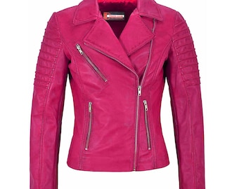 Hot Pink Leather Moto Jacket | Quilted Sleeves, Slim Fit Biker Outerwear
