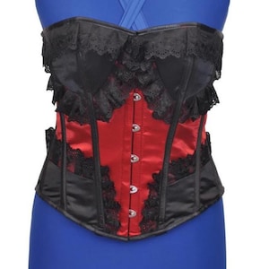 Womens Overbust Costume Corset Top Steel Boned Waist Training Red Satin Corset Black Lace Bridal Corset Black Red Satin Corset