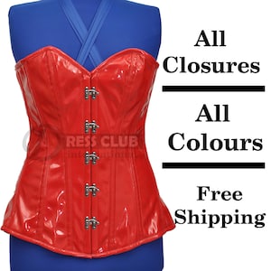 Corset d'entraînement à la taille désossé en acier PVC rouge rouge sur la poitrine Toutes les fermetures Corset personnalisé de style gothique Corset avec fermeture à rabat | Corset à fermeture éclair