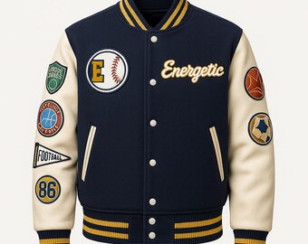 Chaqueta universitaria retro estilo letterman / Chaqueta bomber azul marino de forro polar con mangas color crema y bordado de piel sintética