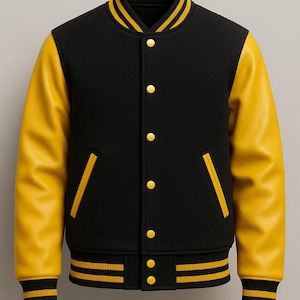 May include: A black varsity jacket with yellow leather sleeves. The jacket has a ribbed collar, cuffs, and hem with yellow stripes. It features a button-up front and two front pockets with yellow trim. A classic style jacket.