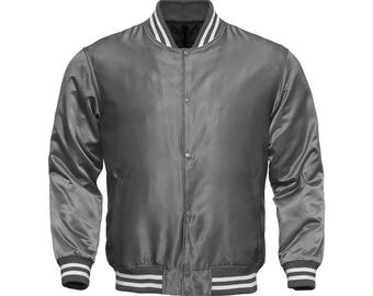 May include: A gray satin bomber jacket with a button-up front, a ribbed collar, and cuffs. The collar and cuffs have white stripes. The jacket is a classic style, suitable for various occasions.