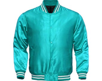 Teal Satin Varsity Jacket: Shiny Full-Snap Baseball Letterman Style, Lightweight Jacket