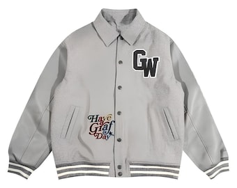 Grey Fleece Varsity Jacket: Embroidered Faux Leather Bomber Jacket