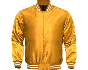 May include: Mustard yellow satin bomber jacket with a button-up front, a black collar, and white stripes on the cuffs and waistband. The jacket has a classic, sporty design.