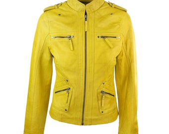 Geel leren bikerjack voor dames – klassieke motorstijl met ritssluiting, streetwear-bovenkleding