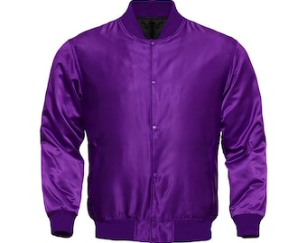 May include: A vibrant purple satin bomber jacket with a button-up front, ribbed cuffs, and a matching collar. The jacket has a classic design, perfect for adding a pop of color to any outfit.