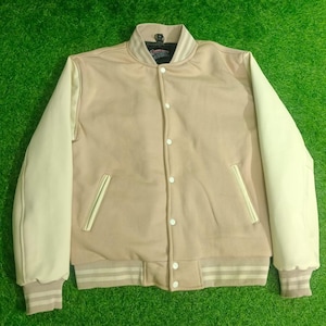 Giacca college beige e crema / Giacca bomber classica in pile e pelle in stile Letterman