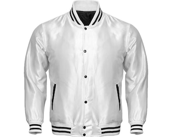 Chaqueta universitaria de satén blanco: bomber retro, chaqueta ligera de calle.