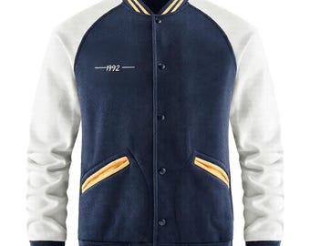 Navy & White Varsity Jacket – Classic Flece and faux Leather Letterman  | Retro College Baseball Jacket