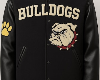 Bulldogs Varsity Jacket | Black Fleece & Faux Leather Bomber Jacket