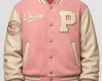 Embroidered Pink Varsity Jacket – Fleece & Faux Leather Letterman Bomber Jacket