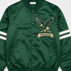 Giacca stile college vintage in raso verde: giacca streetwear con ricami e logo Letterman.