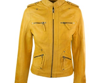 Gouden leren bikerjack voor dames – klassieke motorstijl met ritssluiting, streetwear-bovenkleding