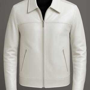 Puede incluir: Chaqueta de cuero blanca con cuello y cremallera completa. La chaqueta tiene dos bolsillos laterales y un interior negro. Las mangas son largas y la chaqueta parece nueva.