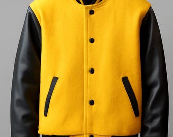 May include: A yellow varsity jacket with black leather sleeves. The jacket features a black collar and cuffs with yellow stripes, and black buttons. There are two black pockets on the front.