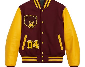 Chaqueta universitaria retro / Chaqueta bomber universitaria de forro polar granate y piel sintética amarilla