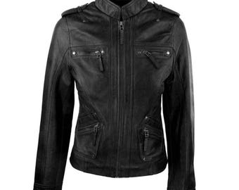 May include: Black leather jacket with a stand-up collar, multiple zippered pockets, and shoulder epaulets. The jacket has a front zipper closure and a tailored fit, suitable for various occasions.