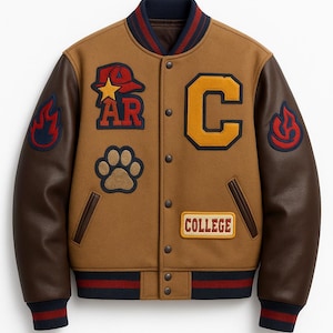 May include: A brown varsity jacket with brown leather sleeves. The jacket features patches with a paw print, a red flame, a yellow "C", and the word "COLLEGE". The jacket has a navy blue collar and cuffs with red and white stripes.