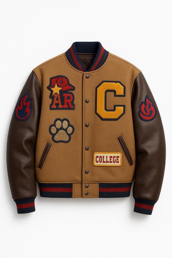 Vintage Tan and brown Fleece Varsity Jacket: Embroidered Faux Leather Retro Letterman Bomber Style Jacket