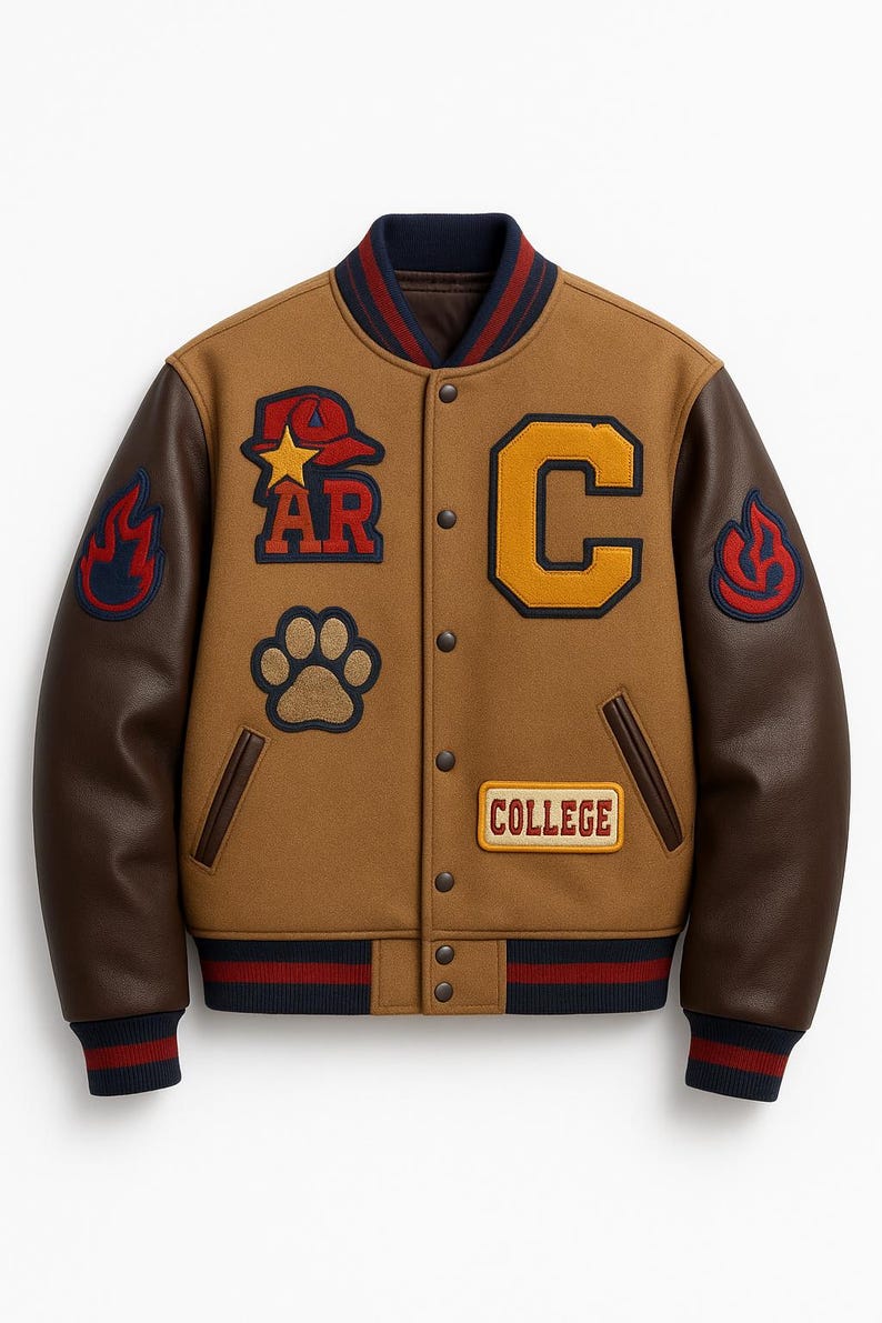 May include: A brown varsity jacket with brown leather sleeves. The jacket features patches with a paw print, a red flame, a yellow "C", and the word "COLLEGE". The jacket has a navy blue collar and cuffs with red and white stripes.