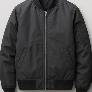 May include: A black bomber jacket with a ribbed collar, cuffs, and hem. It has a silver zip and two front pockets. The fabric has a slight sheen. A classic outerwear piece, suitable for various occasions.