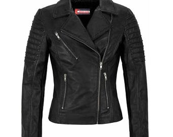 May include: Black leather jacket with a classic asymmetrical zip closure, notched lapels, and quilted shoulder detailing. Features multiple zippered pockets and a tailored fit. A stylish outerwear piece.