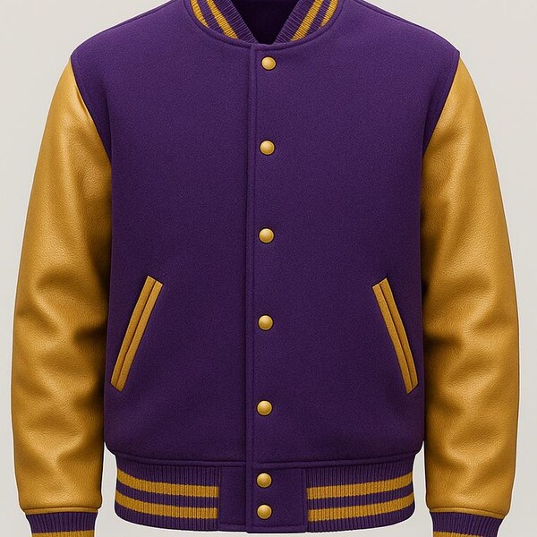 Chaqueta universitaria morada y dorada / Chaqueta bomber clásica de polar y cuero estilo Letterman