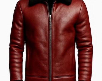 Veste rouge pour homme - Manteau d'hiver en cuir véritable avec col en fourrure noire - Vêtements d'extérieur chauds de style bombardier