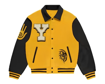 Chaqueta universitaria amarilla: Chaqueta estilo Letterman de forro polar bordado y piel sintética