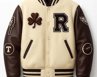Vintage Style Embroidered Fleece Letterman Jacket with Faux Leather Sleeves