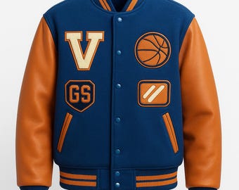 Blå & orange fleece-varsityjacka: Broderade ärmar i konstläder