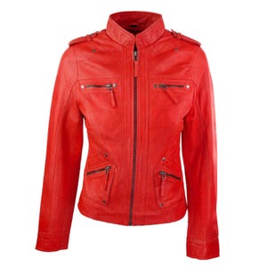 Women’s Red Leather Biker Jacket – Classic Zip-Up Motorcycle Style, Streetwear Outerwear