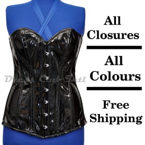 Corset Costume Overbust PVC noir Toutes les fermetures Corset personnalisé de style gothique Corset cosplay buste complet Corset Claps | Corset à fermeture éclair