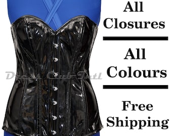 Corsetto overbust in PVC nero: costume cosplay gotico, chiusure personalizzate