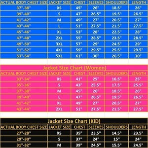 May include: A jacket size chart for men, women, and kids, with measurements in inches. The chart includes chest, sleeve, shoulder, and length measurements for various sizes, from XS to 5XL.