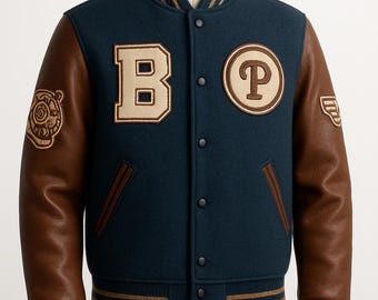 Vintage Navy blue & Brown Fleece Varsity Jacket: Embroidered Leather Jacket