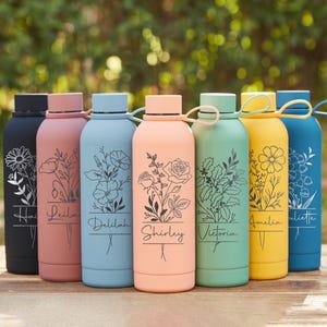 Engraved Water Bottle with Name Personalized Birth Flower Tumbler Custom Girls Trip Tumbler Bridesmaid Proposal Gift Bridesmaid Gift for Her
