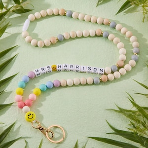Custom Smiley Teacher Lanyard Beaded Wooden Teacher Lanyards With Name Beaded Personalized BOHO Lanyard Teacher Gift For Her ID Badge Holder