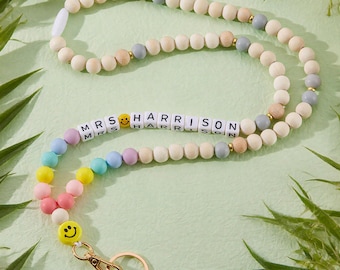 Custom Smiley Teacher Lanyard Beaded Wooden Teacher Lanyards With Name Beaded Personalized BOHO Lanyard Teacher Gift For Her ID Badge Holder