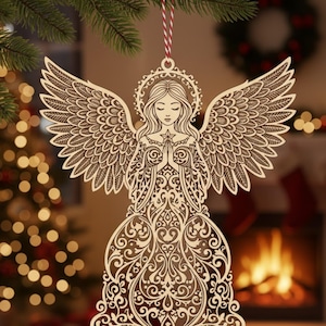 File di taglio laser natalizio, pacchetto di angeli di Natale tagliati al laser, puntale per albero di Natale con angelo in formato SVG, ornamento di angelo di Natale in formato SVG, dxf, PDF,