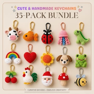 May include: A collection of 15 handmade crochet keychains in various shapes, including a cow, fish, ladybug, rainbow, heart, and more. The keychains are in a 35-pack bundle and feature gold-colored hardware. The text reads "CUTE & HANDMADE KEYCHAINS" and "35-PACK BUNDLE".