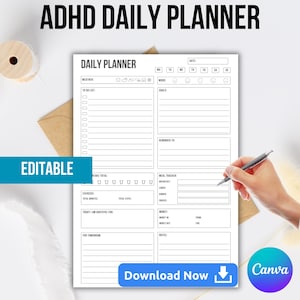 May include: A black and white printable daily planner with the text "ADHD Daily Planner" at the top. The planner includes sections for weather, to-do list, goals, reminders, meal tracker, exercise, money, and notes.