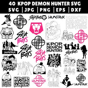 Pode incluir: Uma coleção de 40 arquivos SVG K-Pop Demon Hunter em vários formatos, incluindo SVG, JPG, PNG, EPS e DXF. Os designs apresentam ilustrações estilizadas e elementos de texto, com uma paleta em preto e branco e detalhes em rosa.