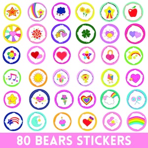 May include: A collection of 80 circular stickers featuring various colorful designs. Each sticker has a white center with a unique graphic, such as hearts, rainbows, stars, and flowers, surrounded by a colored border. The text "80 BEARS STICKERS" is at the bottom.